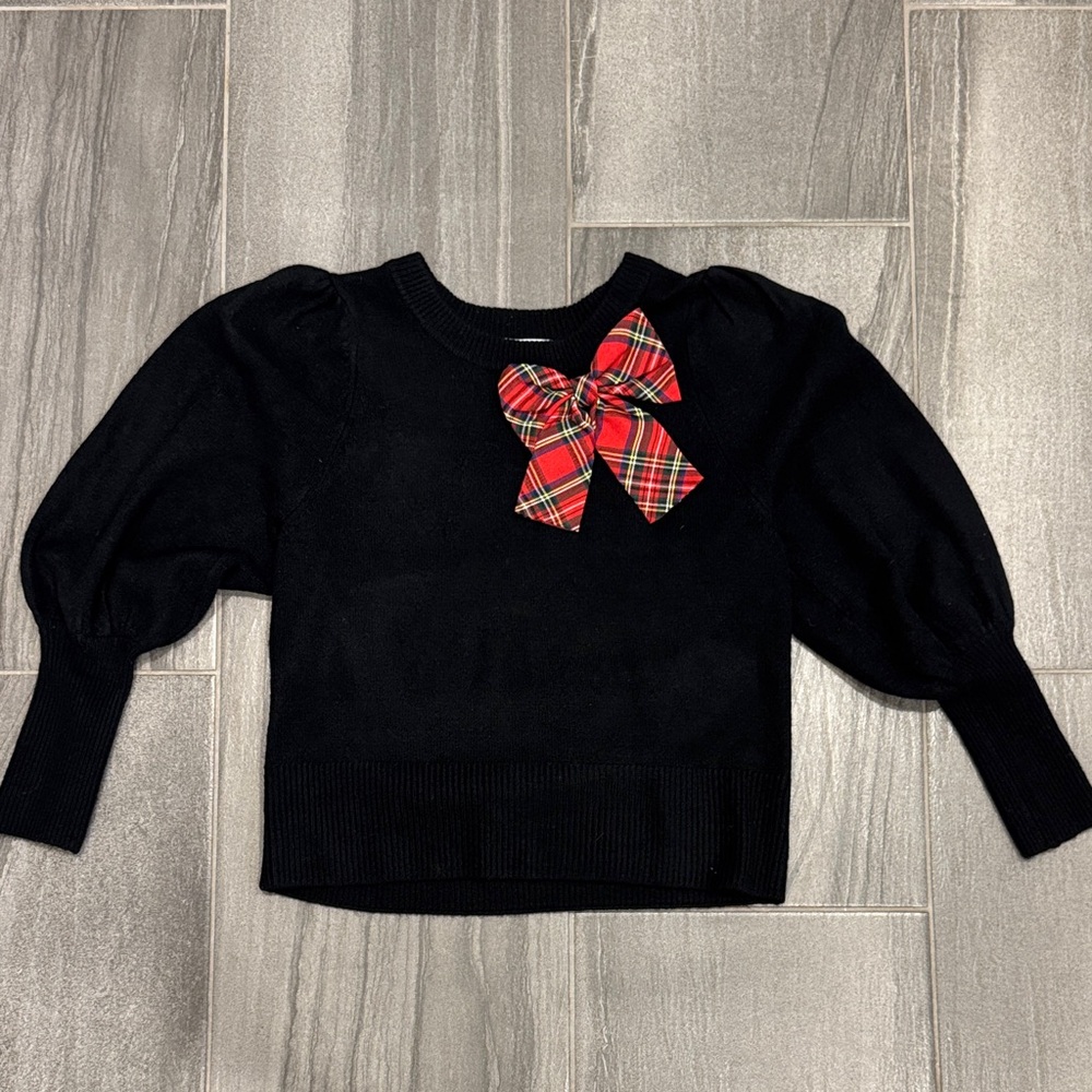CeCe Black Knit Sweater With Plaid Bow Detail